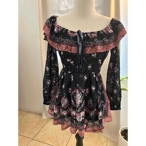 LIZ LISA Black Floral Lace Off-Shoulder Ruffle Fairy Dress ♡ Rare Rose Embroider